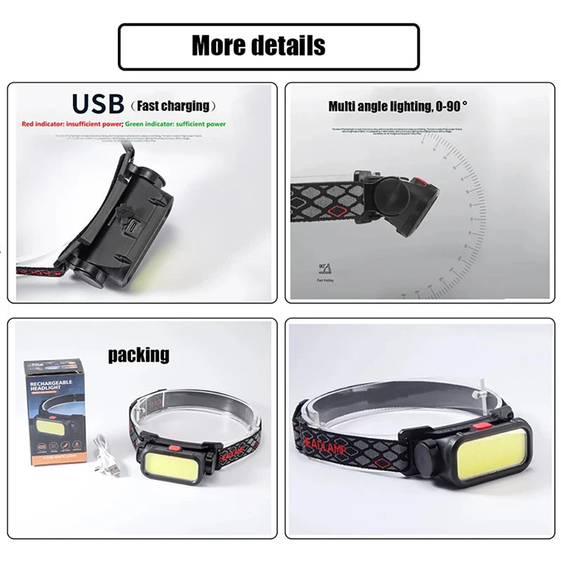Portable Powerful LED Headlamps 4 Modes USB Rechargeable COB Headlight with Red Light Waterproof Night Fishing Head Lamp Torch
