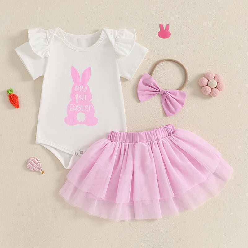 Adorable Baby Girl Easter Outfits with Bunny Print Short Sleeve Romper Tulle Skirt and Headband - 3 Piece Set for a Cute