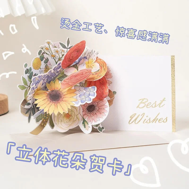 Romantic Flower 3D Pop-up Greeting Cards Best Wishes Birthday Wedding Anniversary Postcard Thanksgiving Xmas Gifts Cards