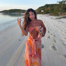 Hollow Out Backless Halter Split Long Dress Women Lace Up Off Shoulder Pleated Patchwork Holiday Dresses Party Sexy Beach Robe