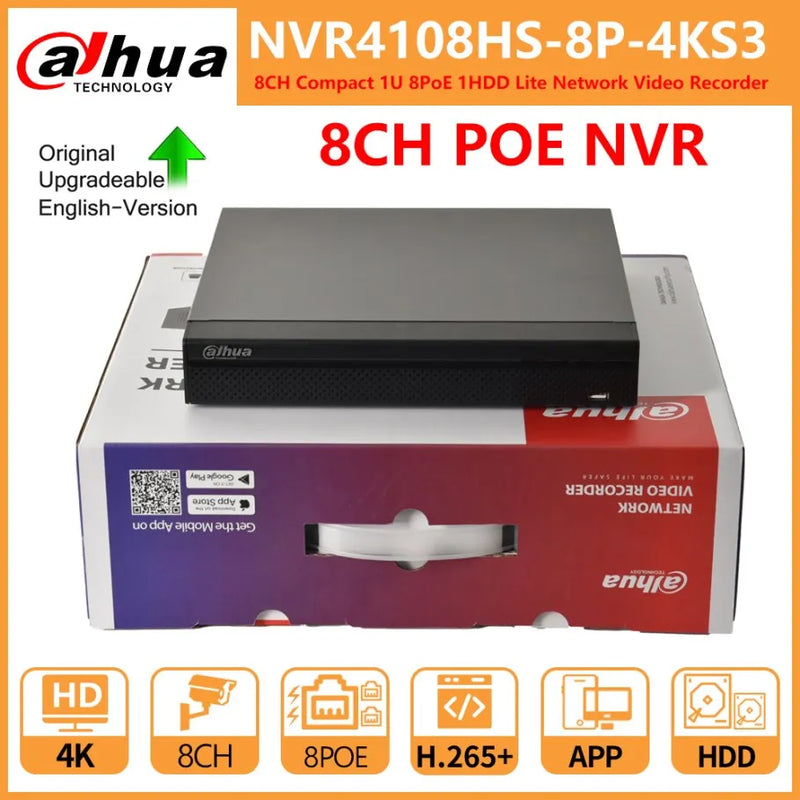 Dahua Original 8CH 8PoE 1HDD NVR NVR4108HS-8P-4KS3 4CH NVR4104HS-P-4KS3 Face Detection SMD Surveillance Network Video Recorder