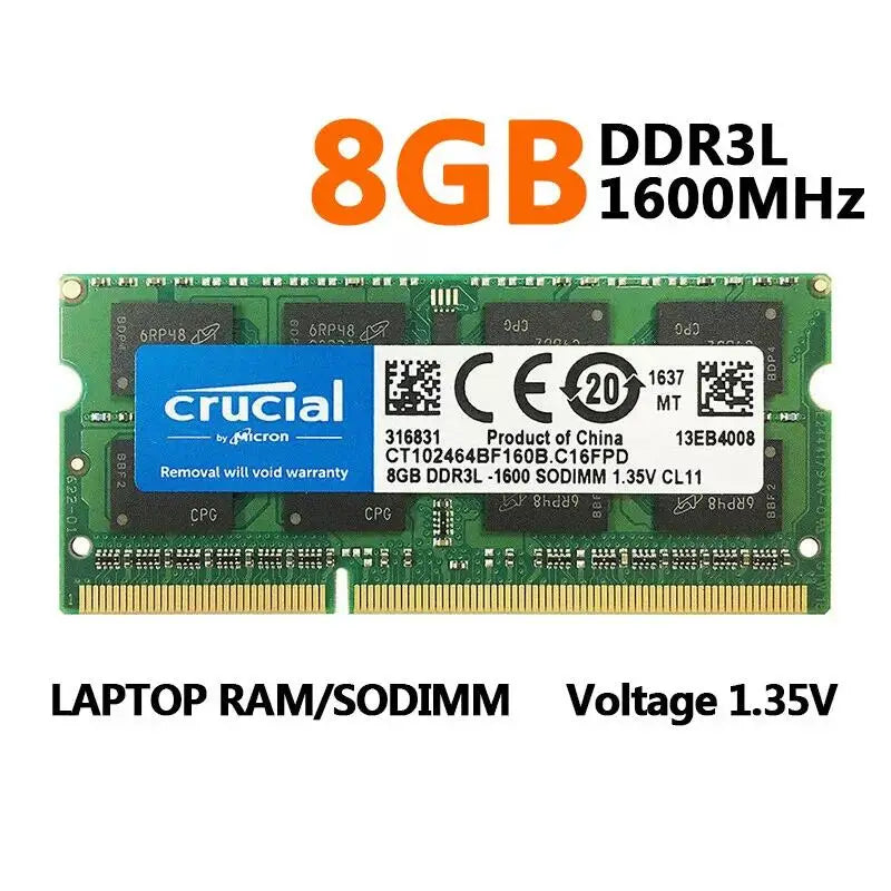 1/2pc Crucial 8GB Laptop RAM 16GB Kit (8GBx2) DDR3/DDR3L 1866 MT/s (PC3-14900) Unbuffered SODIMM 204-Pin Memory-CT2K102464BF186D