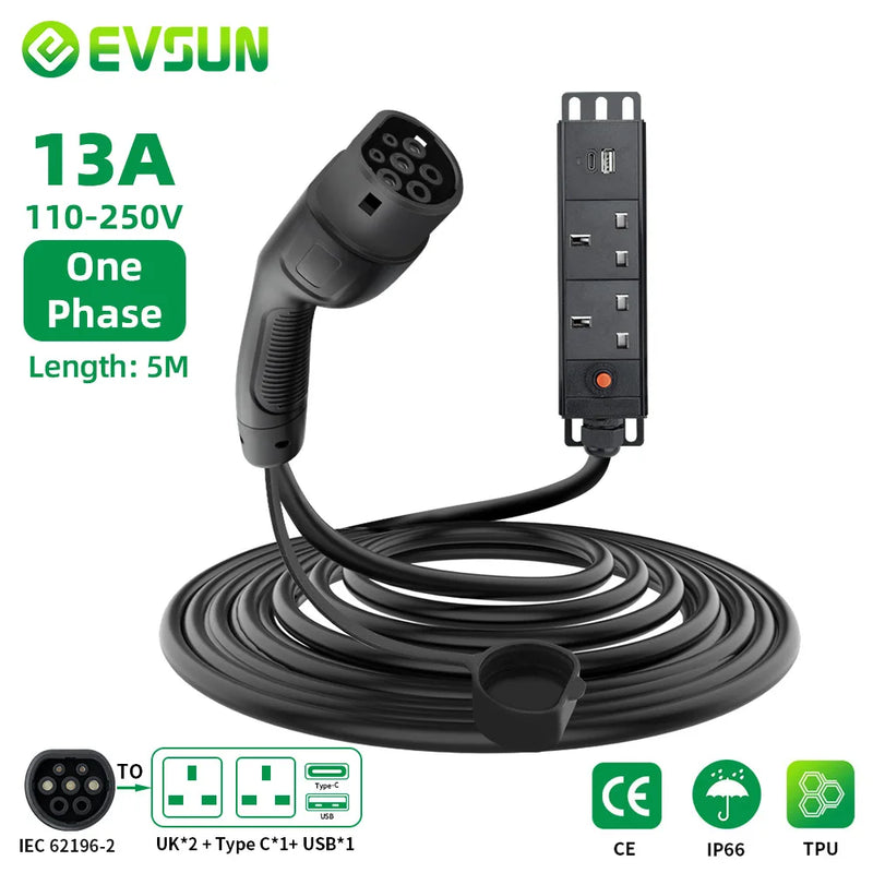 EVSUN Electric Car Side Discharge Plug EV Type2 13A Charger Cable UK Socket Outdoor Power Supply Station (need car supports V2L)