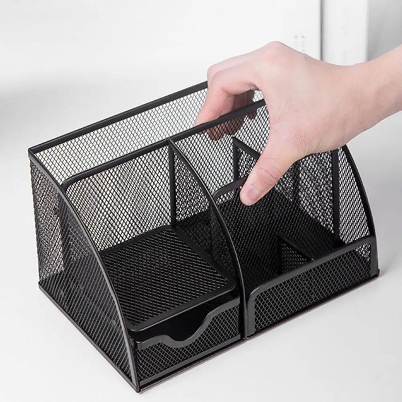 Office Desktop Storage Box Desktop Pen Holder Metal Pen Holder with Multiple Compartments Metal Mesh Square Divided Container