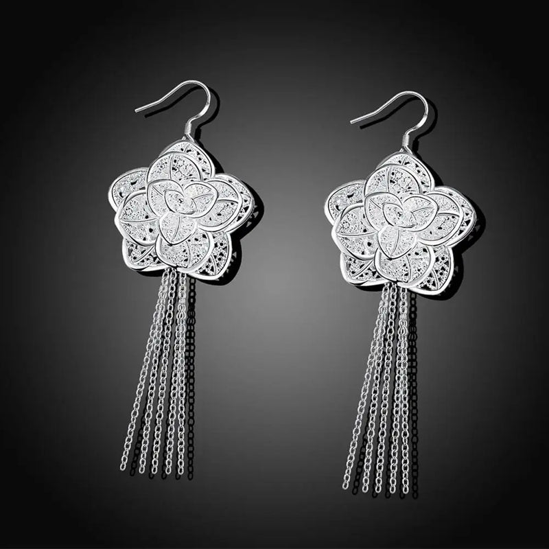 Charms high quality 925 Sterling Silver Beautiful tassel Flowers Earrings for Women fashion party wedding Jewelry Gifts