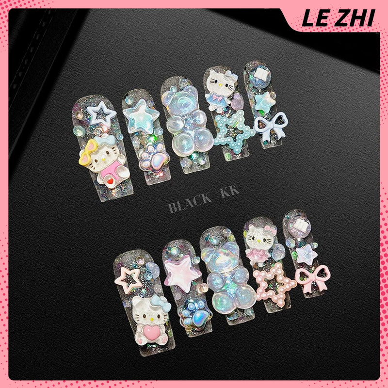 10Pcs Y2K Spicy Girl Long Coffin Handmade Press On Nails 3D Sanrio Hello Kitty Bear Pearl Diamond Pentagram Wearable False Nail