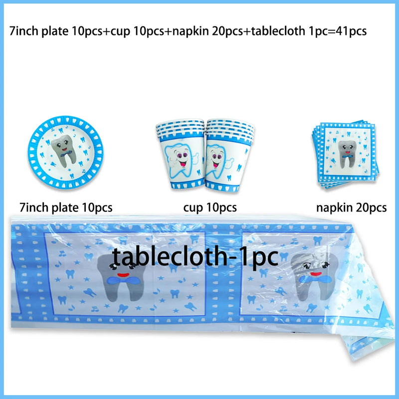 My First Tooth Blue Theme Party Disposable Tableware Stes Boy Girl First Tooth Birthday Party Decor Cups Plates  Napkins Banners
