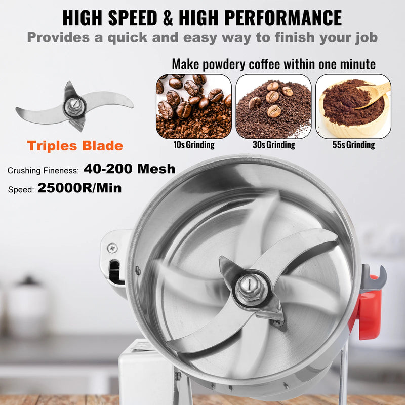 VEVOR Electric Grain Mill Grinder, Stainless Steel Pulverizer Powder Machine, for Dry Herbs Grains Spices Cereals Coffee Corn