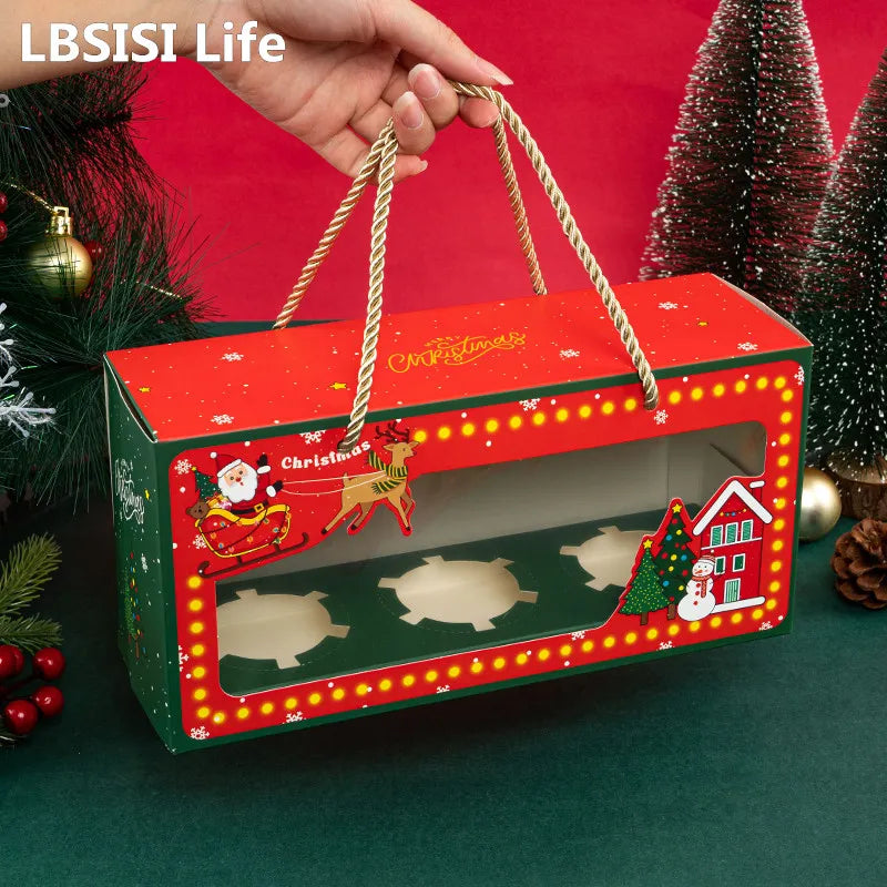 LBSISI Life 5/10pcs Christmas Cupcake Boxes Xmas New Year Family Party Santa Decor Pastry Mousse Cake Pudding Packaging Favor