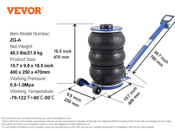 SucceBuy Pneumatic Jack 3 Ton/5 Ton Triple Bag Air Jack Quick Lift Heavy Duty Car Repair Jacks Folding Rod Jacks with Two Wheels