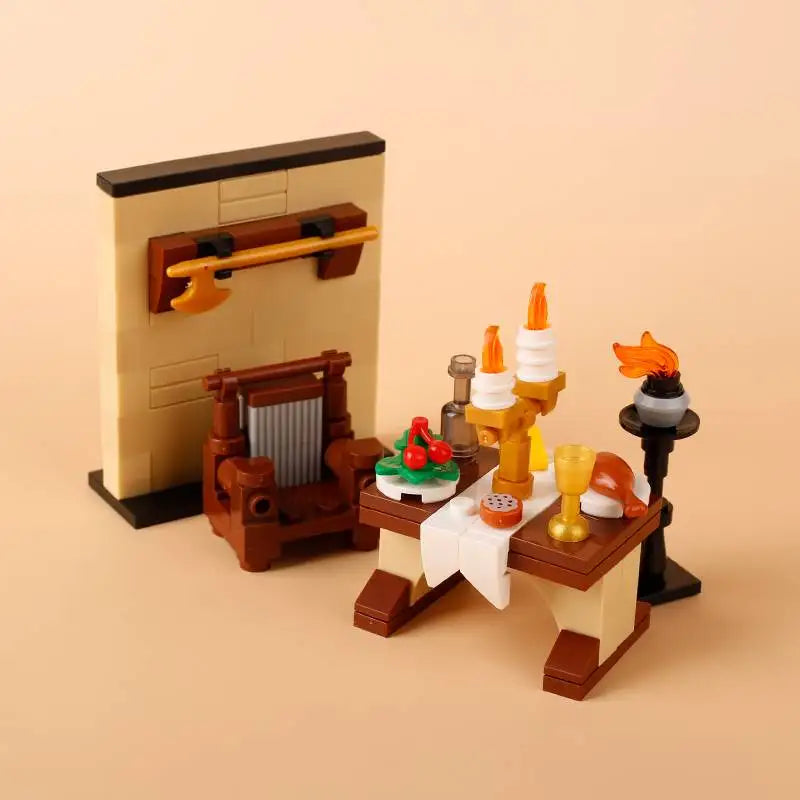 MOC Medieval Castle Building Blocks kit Tent Campfire Siege Car Hanging Cage Trial Bench Guillotine Weapon Toys Gifts Mini Brick