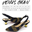 Venus Chan High Heels Shoes for Women Embroidery Rhinestone Italian Design Gold Color Pointed Toe Shoes and Bags Set Fashio
