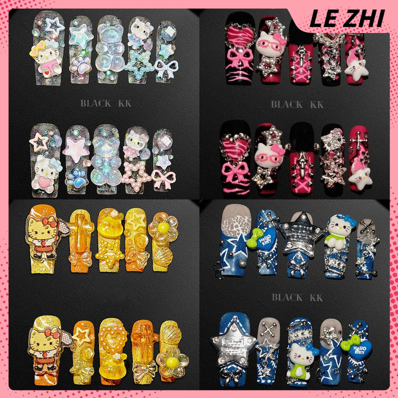 10Pcs Y2K Spicy Girl Long Coffin Handmade Press On Nails 3D Sanrio Hello Kitty Bear Pearl Diamond Pentagram Wearable False Nail