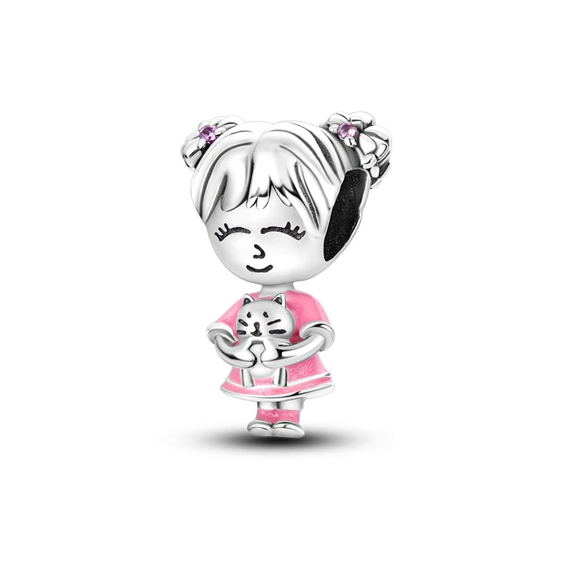 Silver Plated Boy Girl Couple Lovers Beads Charms Zirconium Dangle Fit Original Pandora Bracelet Necklace Jewelry Women Gift