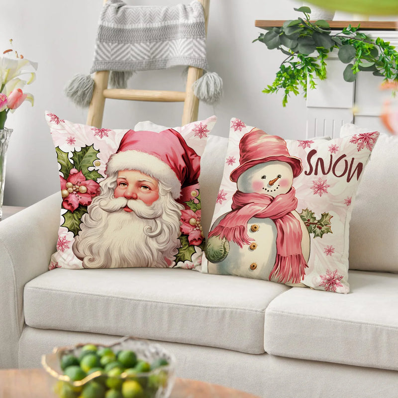 45cm Pink Christmas Peach Skin Pillow Cover Pink Santa Claus Xmas Snowman Pillow Case Merry Christmas Decor For Home 2024 Noel