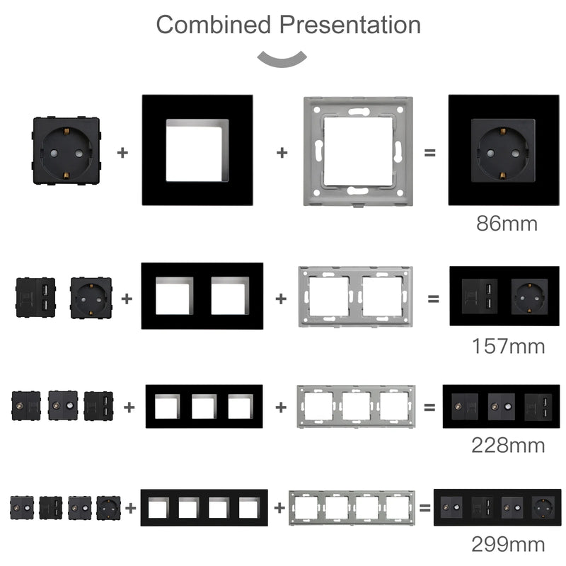 BSEED EU Glass Panel and USB Socket CAT5 RJ45 PC TV ST  DIY Function Parts Electrical Outlets Free Combination Wall Mounted