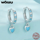 WOSTU 925 Sterling Silver Blue Heart-shaped Turquoise Hoop Earrings For Women Shiny CZ Drop Dangle Earrings Pendientes Jewelry