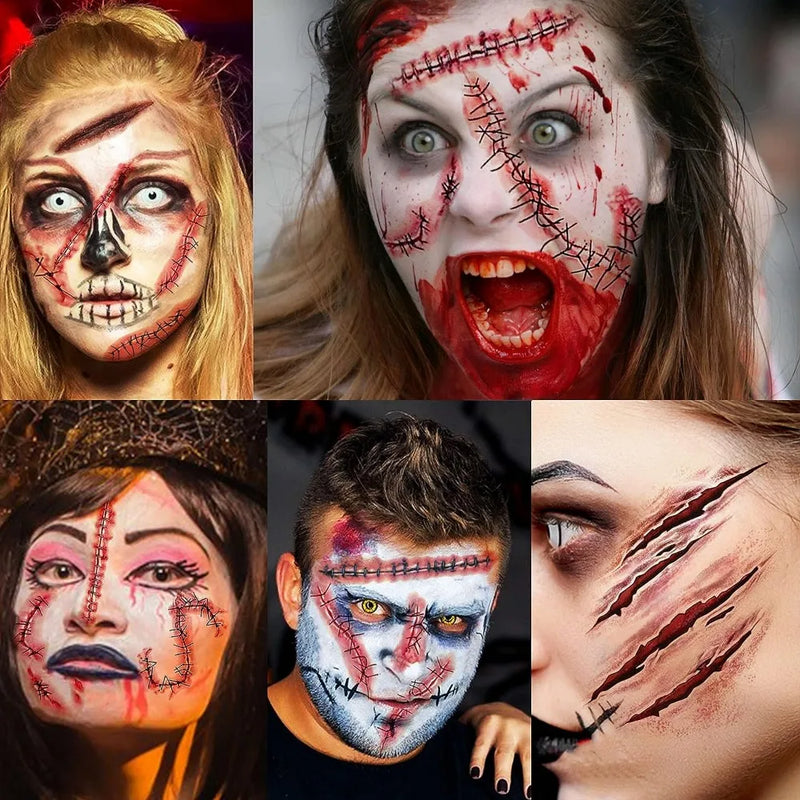 12PCS Halloween Tattoo Sticker Realistic Wounds Scab Blood Temporary Tattoo Scary 3D Bloody Knife Scar Waterproof Tattoo Sticker