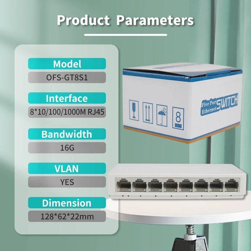 OPTFOCUS 5 8 Ports UTP RJ45 Gigabit Ethernet Switch 1000 Mbps Mini Network Switches VLAN Ethernet Splitter Lan Hub Switch