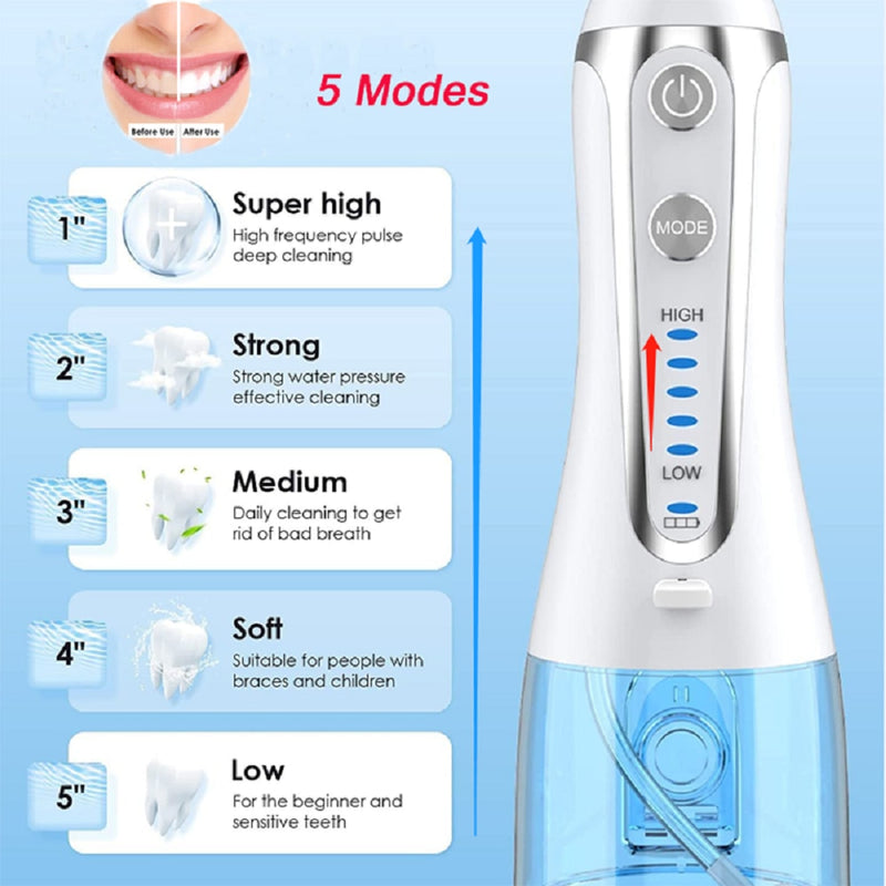 5 Mode Oral Irrigator USB Rechargeable Dental Floss 300ml Portable Dental Water Flosser Oral Water Jet &amp; Bag h2flosser Blue