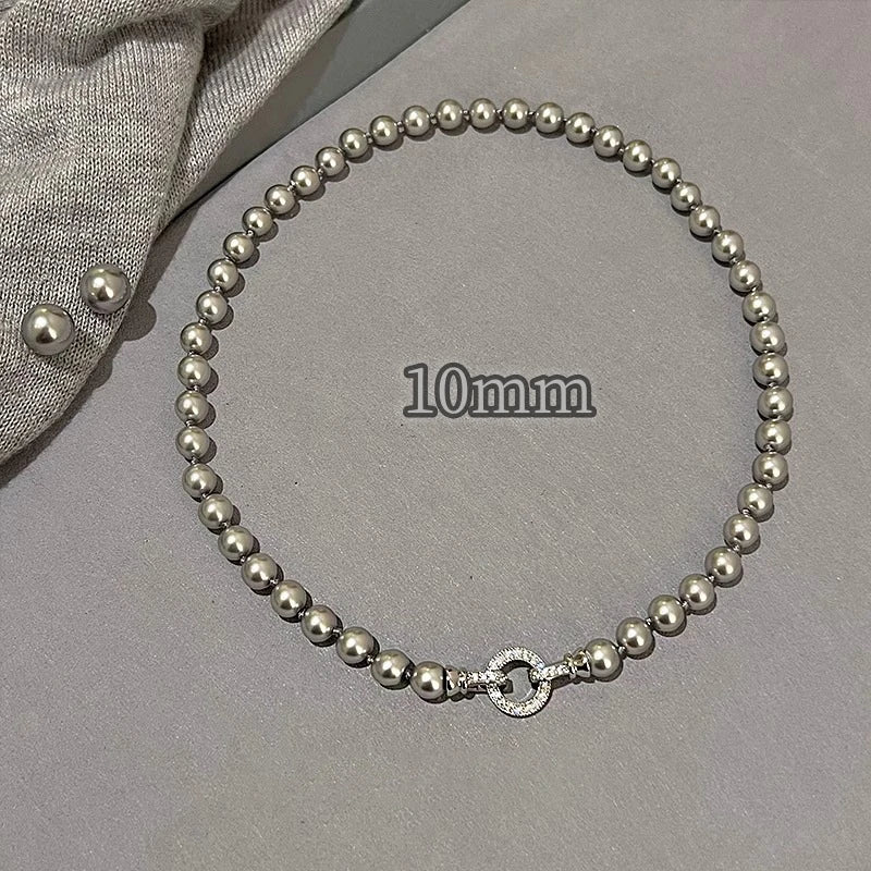 ANENJERY 6/8/10MM Gray Imitation Pearl Beads Chain Necklace for Women 2024 Trend Elegant Lady Necklace Jewelry Gifts