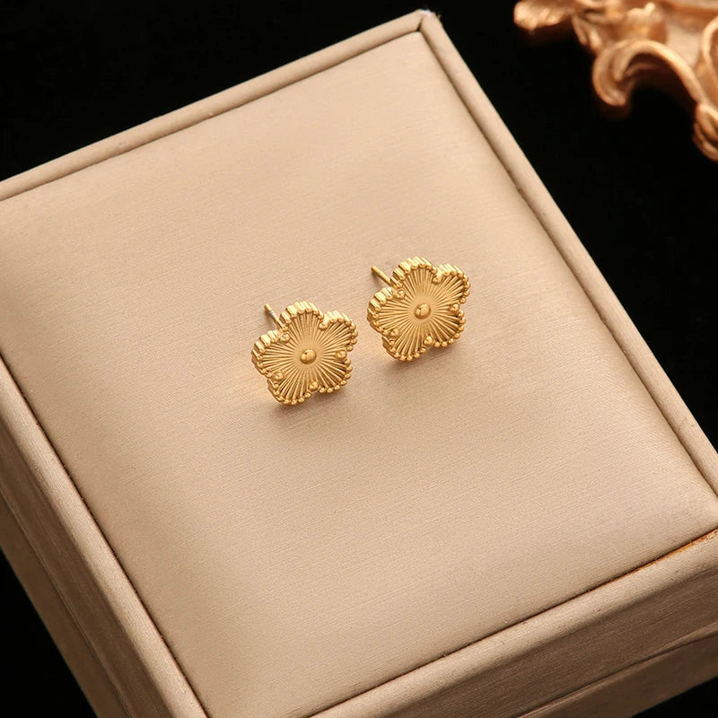 GANEMLY 316L Stainless Steel Golden Plum Blossom Plant Five Leaf Flower Set Necklace Earrings Bracelet Women Clover Jewelry Gift