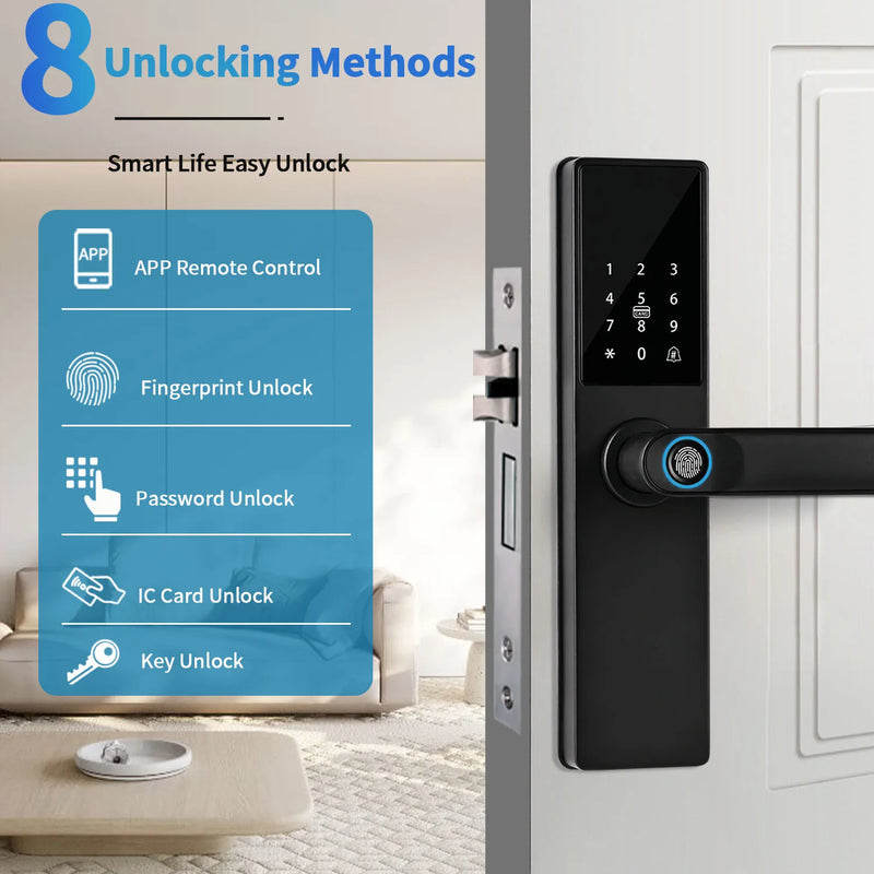 Tuya Wifi Digital Electronic Smart Door Lock With Biometric Fingerprint Smart Card Password Key Unlock