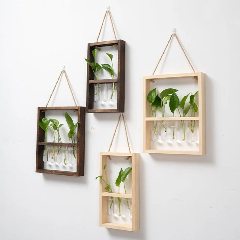 Fashion Wall Hanging Glass Flower Vase Wall Hanging Test Tube with Wooden Stand Transparent Glass Planter Hydroponic Plant Vase