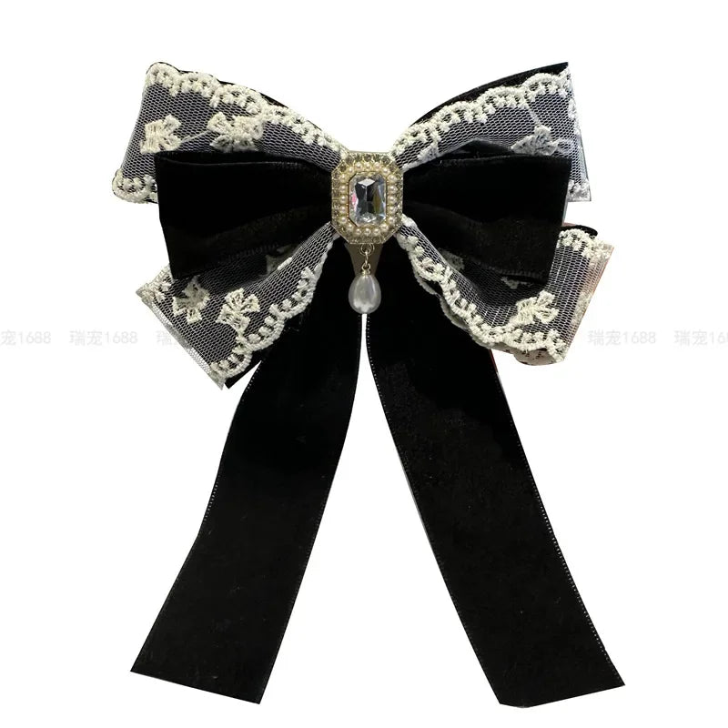 Korean Fabric Lace Bow Brooches for Women Rhinestone Pearl Shirt Collar Pins Fashion Bowknot Badge Jewelry Accessories