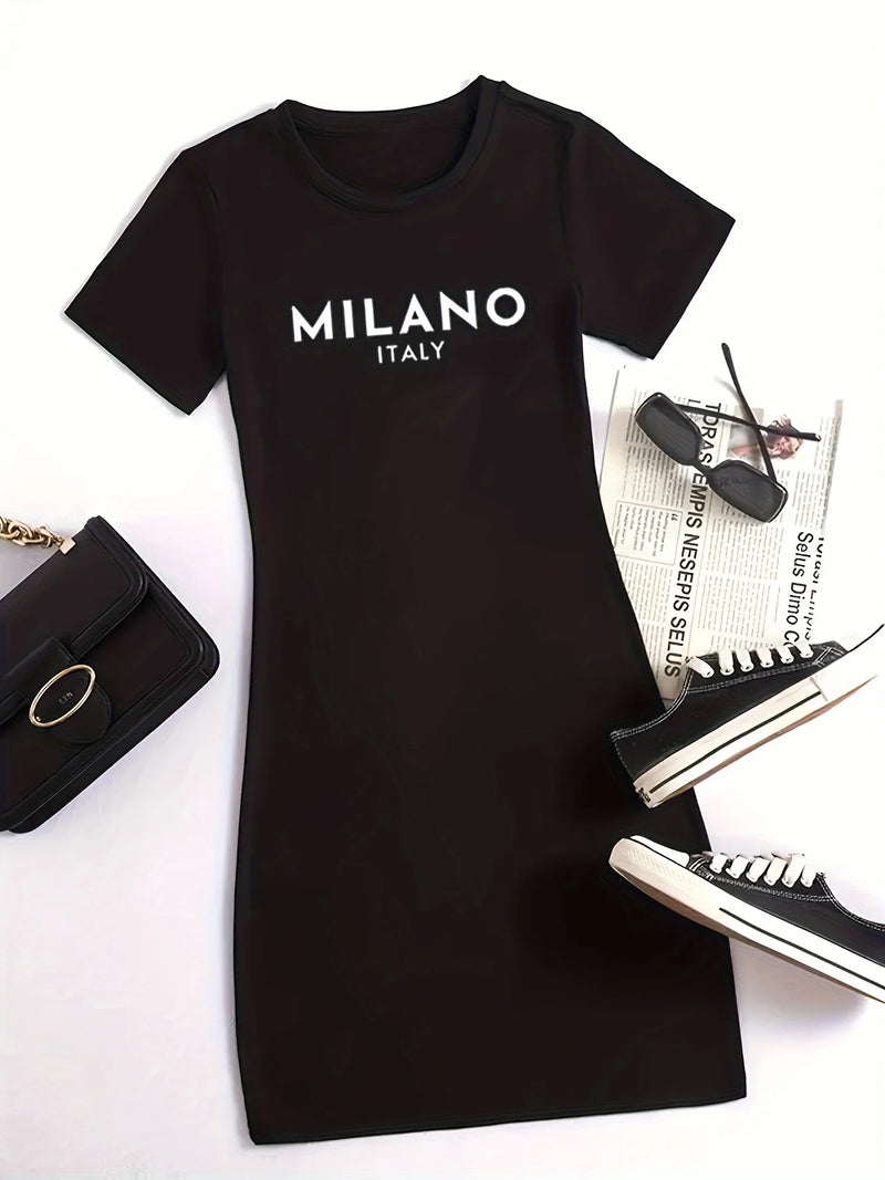 Summer new women's MILANO ITALY letter pattern cartoon print casual slim fit sexy short sleeved round neck T-shirt mini dress