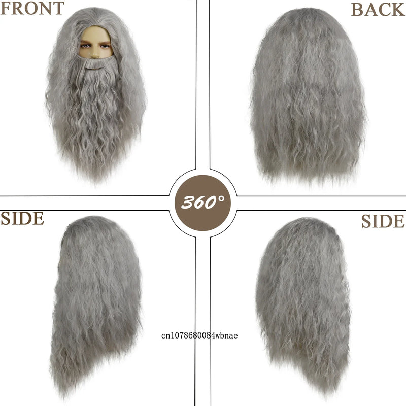 Dumbledore Wigs Synthetic Hair Long Curly Wavy Wizard Grey Wig and Beard for Men Cosplay Accessory Party Halloween Dress Costume
