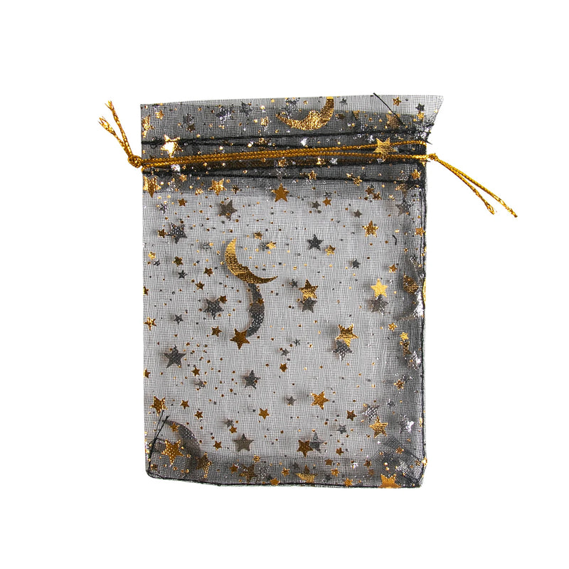 50Pcs Eid Mubarak Decoration Mesh Bag Organza Hot Stamping Silver Star Moon Candy Gift Drawstring Packaging Bag Party Supplies