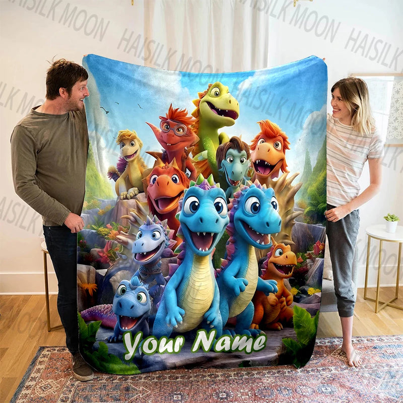 Personalized Customized Name Blanket Cartoon Dinosaur Print Warm and Comfortable Blanket for Sofa Bed Travel Camping Picnic Car