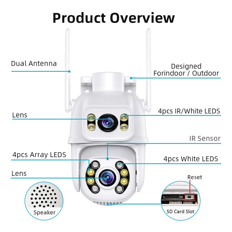 8MP 4K WIFI IP Camera PTZ Dual Lens with Dual Screen Ai Human Detect Night Vision Outdoor Wifi Surveillance Camera ICsee