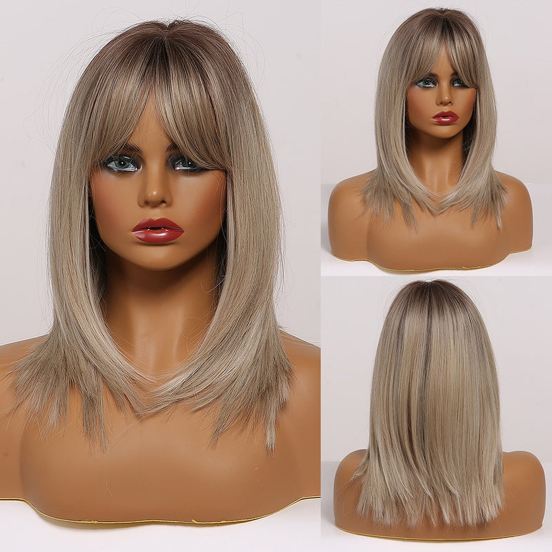 LOUIS FERRE Ombre Blonde Synthetic Wig with Bangs for Women Medium Length Layered Straight Bob Wigs Heat Resistant Daily Use Wig