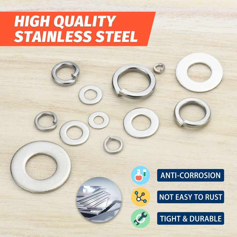 260pcs Lock and Flat Washer Assortment Kit Stainless Steel M3 M4 M5 M6 M8 M10 Spring Lock Washers and Flat Washers Set