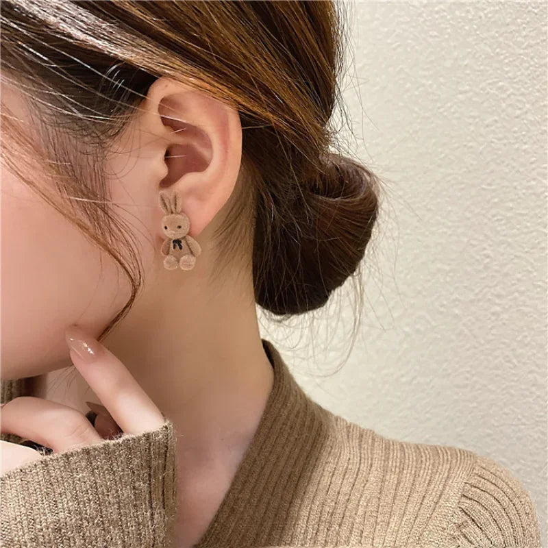 Fashion Korea Silver Needle Autumn and Winter Earrings Cute Flocking Rabbit Ear Studs Jewelry Bear Earrings for Women Girls 2023