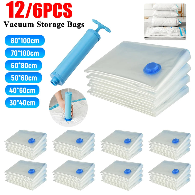 6/12PCS Vacuum Storage Bags Space-saving Hanging Compression Storage Bag with Hand Pump for Blankets Clothes Quilt Vacuum Bags