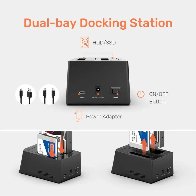 Alxum Dual Bay SSD Hard Drive Docking Station USB C to SATA HDD Docking Station for 2.5/3.5 inch Hard Drive Dock Offline Clone