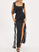 Sexy Elegant Long Dress Women Frill Trim Spaghetti Strap Square Neck Split Dress Ladies Summer Evening Party Vintage Dresses