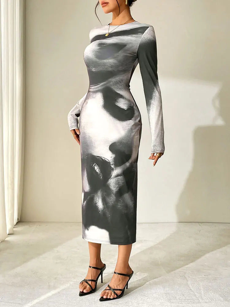 Spring New Women's Maxi Dresses Clubwear Fashion Long Sleeves Tie-Dye O-Neck Slim Dress Black Sexy Lady Elegant Dresses Clothing