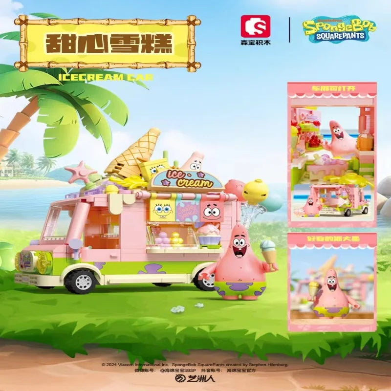 SpongeBob SquarePants Series Building Blocks Toys Hamburger Car Patrick Star Dessert Ice Cream Car Anime Model Blocks Kids Gifts