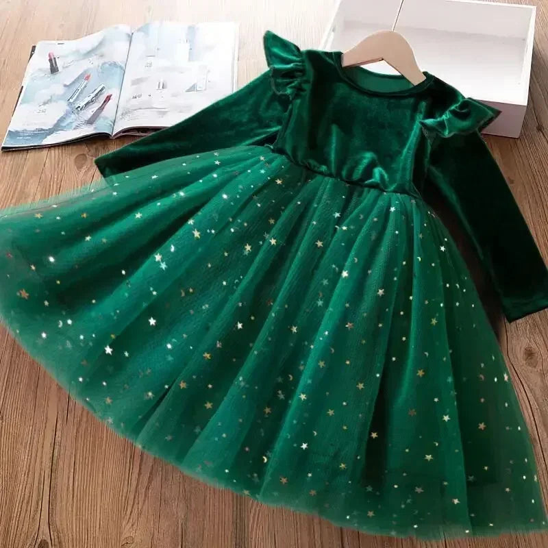 Children Christmas Dress for Girl Sequin Star Mesh Princess Dresses Red Christmas Clothes Kids 2025 New Years Party Costume 3-8Y