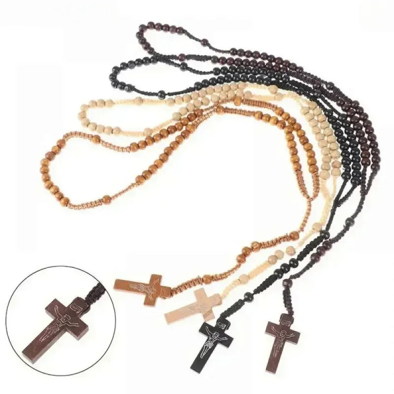 Hand Woven Jesus Christ 9mm Wooden Beads Cross Pendant Rosary Beads Necklace For Religious Orthodox Prayer Jewelry Wholesale