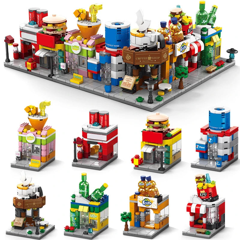 DIY Architecture Store Street View Food House Building Blocks Kit Girls Bricks Classic Movie Model Kids Toys For Children