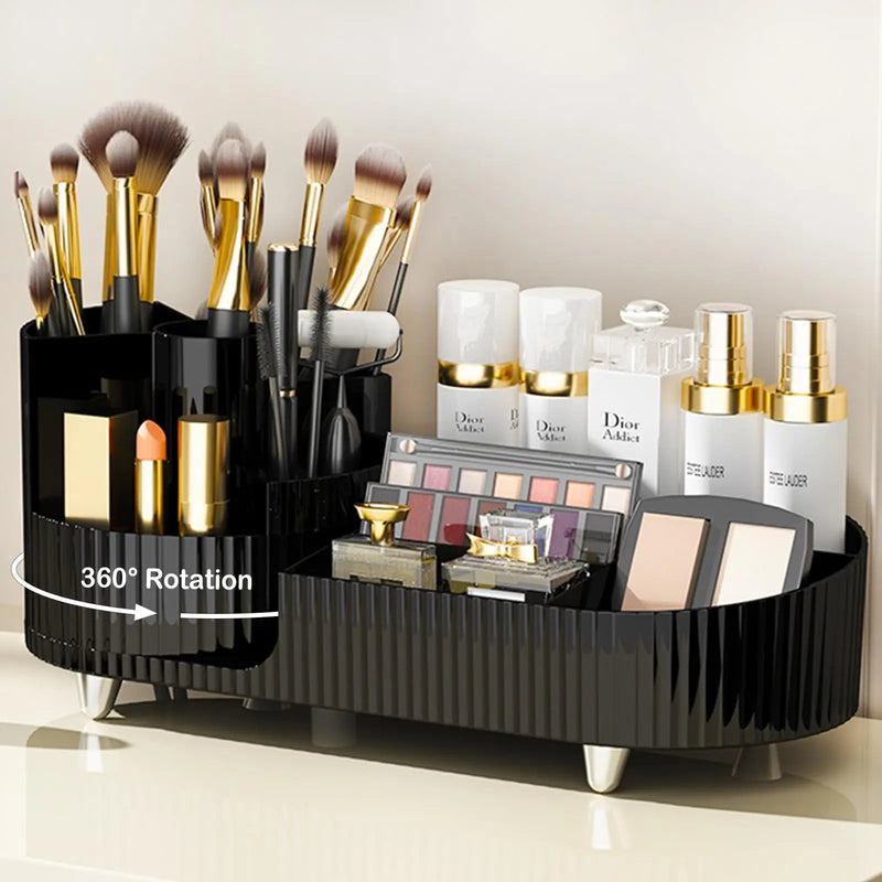 Rotating Makeup Organizer for Vanity with Brush Holder Cosmetic Storage Spinning Skincare Countertop Perfume Lotion Display Case