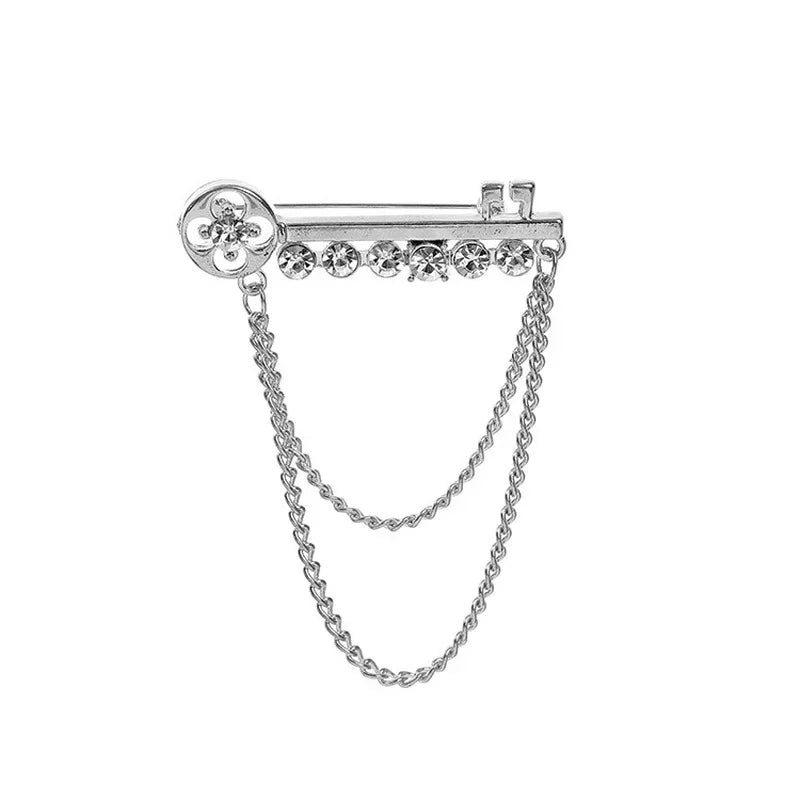 Korean New Fashion Metal Key Tassel Long Brooch Rhinestone Chain Lapel Pin for Men's Suit Shirt Badge Brooches Pins Accessories