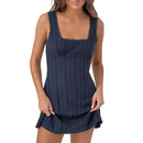 Sleeveless V-Neck Lace Trim A-Line Mini Dress Women s Summer Solid Color Tank Dress Short Square Neck Dress