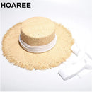 HOAREE Women Raffia Straw Sun Hat Ladies Summer Wide Brim Boater Casual Lace-Up Female Designer Brand Beach Flat Cap