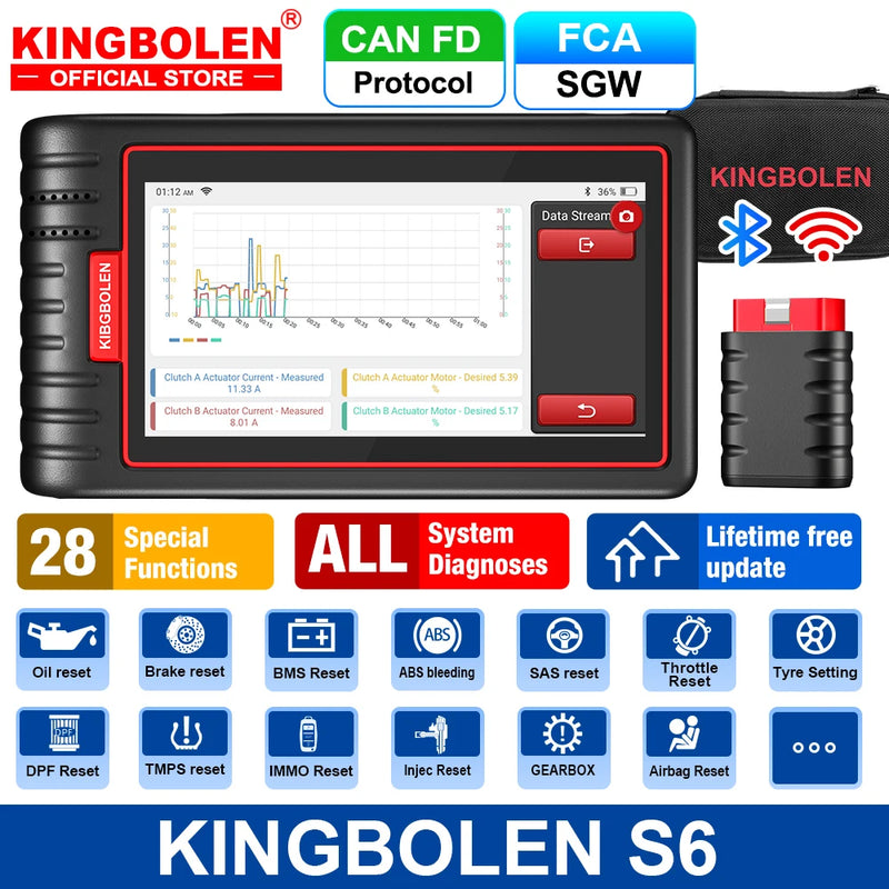 KINGBOLEN S6 OBD Automotive Scanner Bluetooth All System Car Diagnostic Tools 28 Resets IMMO/BMS/TPMS/ABS Bleeding Lifetime Free